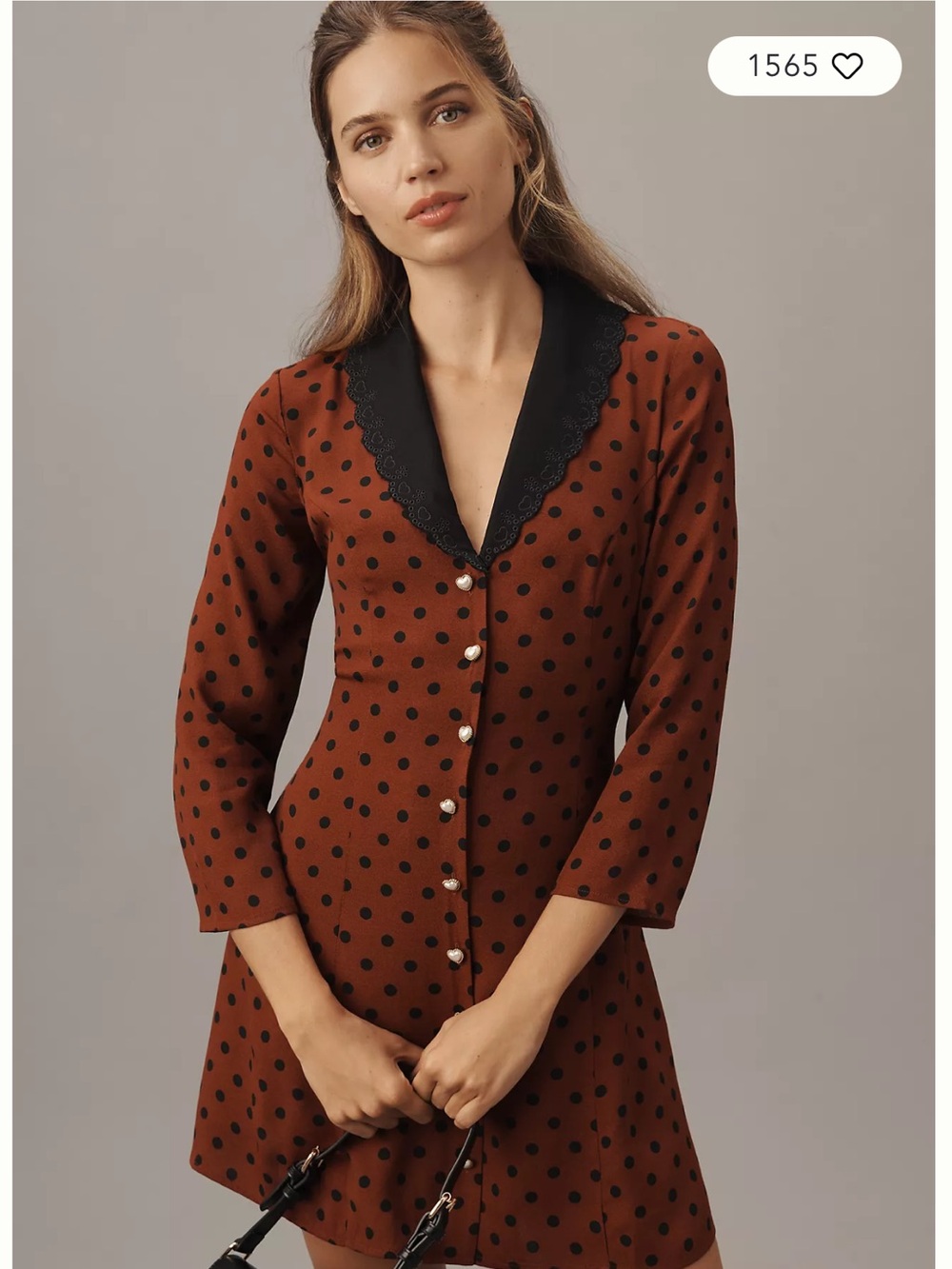 Reformation Brown Polka Dot Button-Front Dress with Black Lace Collar